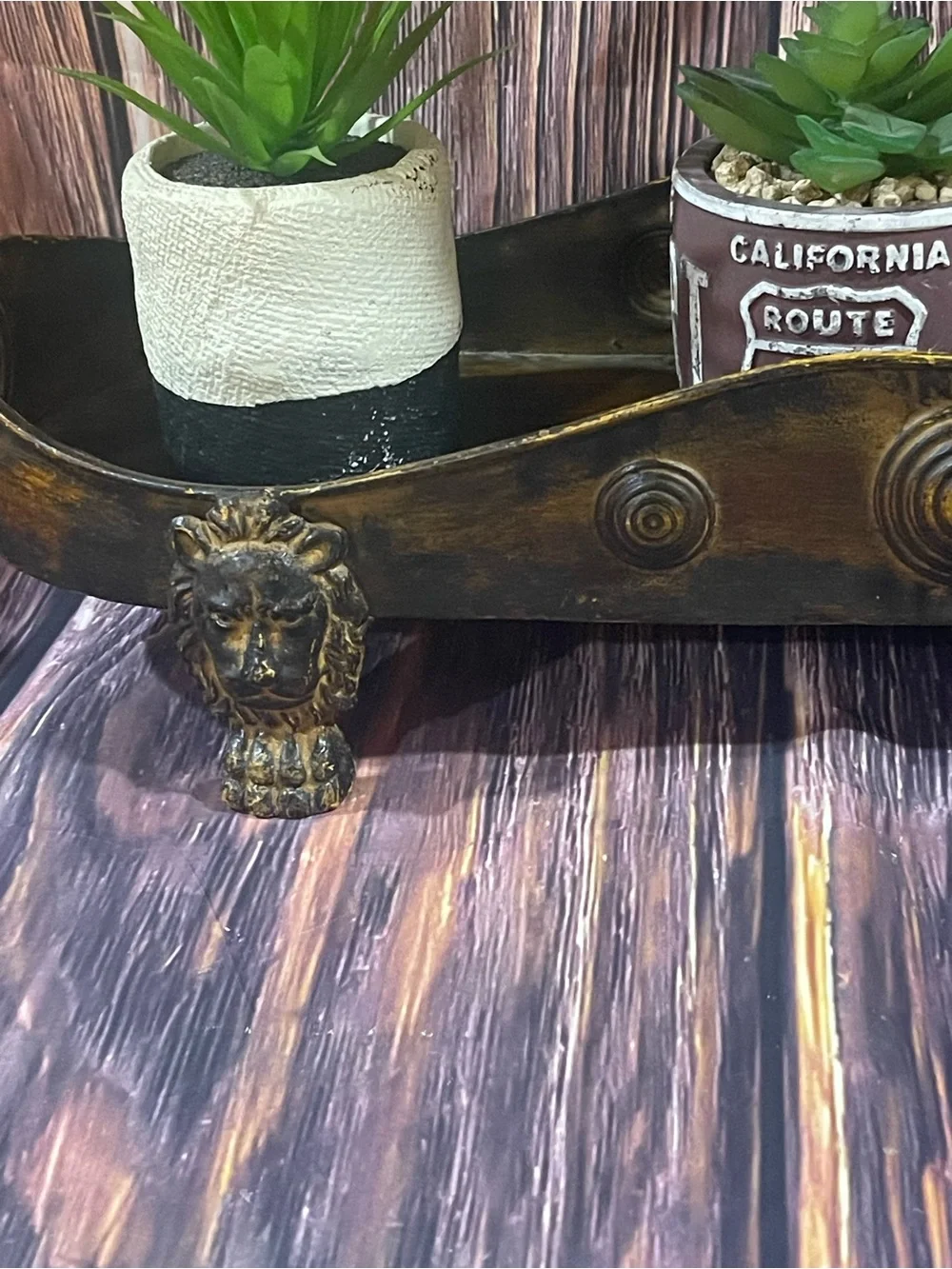 Gold Plated Steel Vtg Lion Footed Planter/decor with 3 artificial planters
